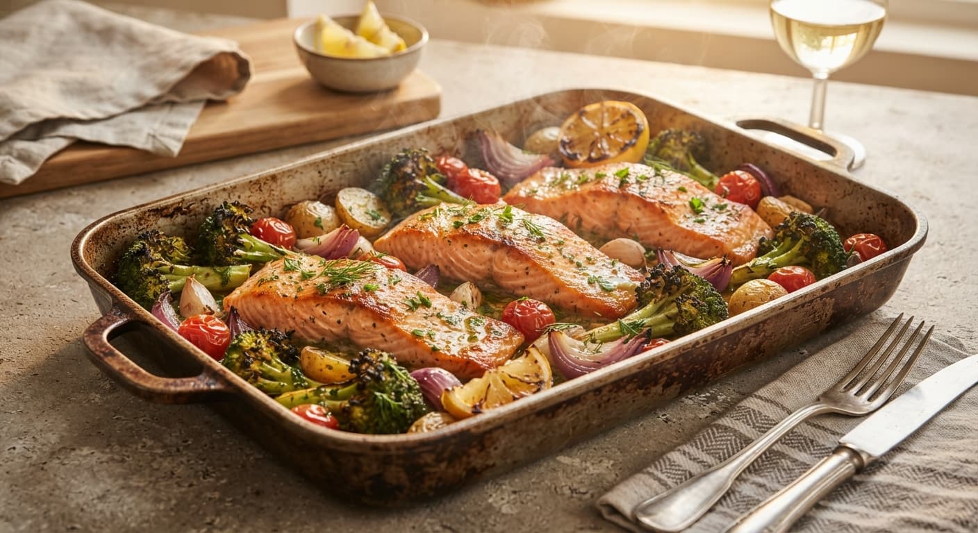 Salmon and Broccoli Traybake
