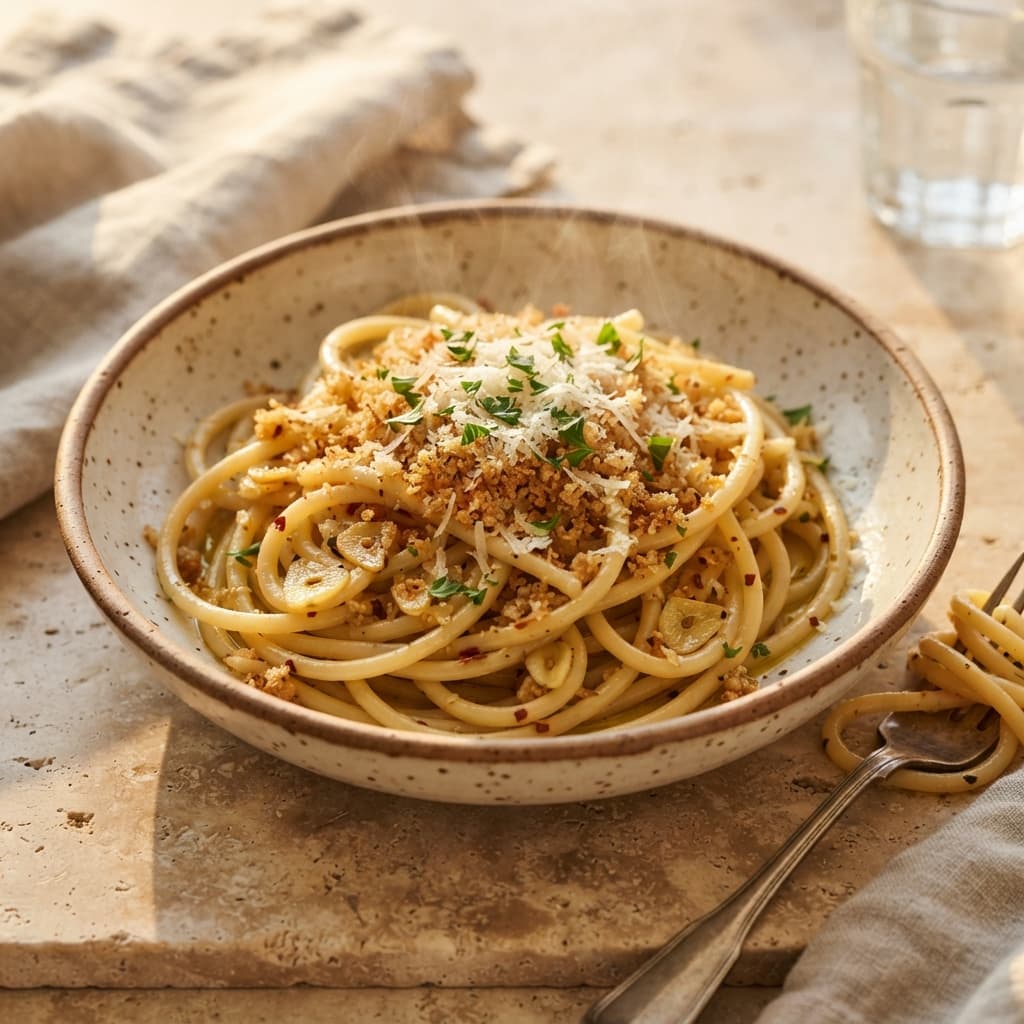Bucatini with Toasted Breadcrumbs and Garlic
