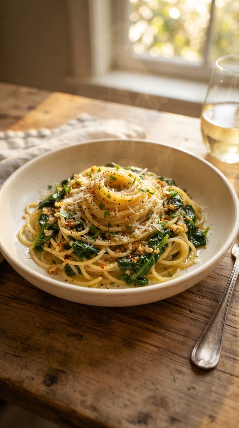 Garlic Butter Spaghetti with Wilted Spinach