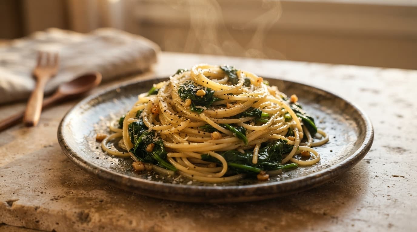 Garlic Butter Spaghetti with Wilted Spinach