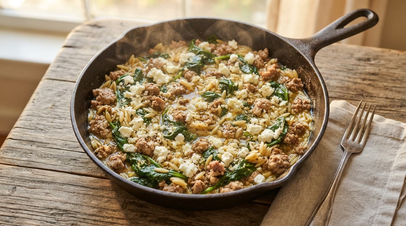 Mediterranean Ground Turkey Skillet with Lemon and Orzo