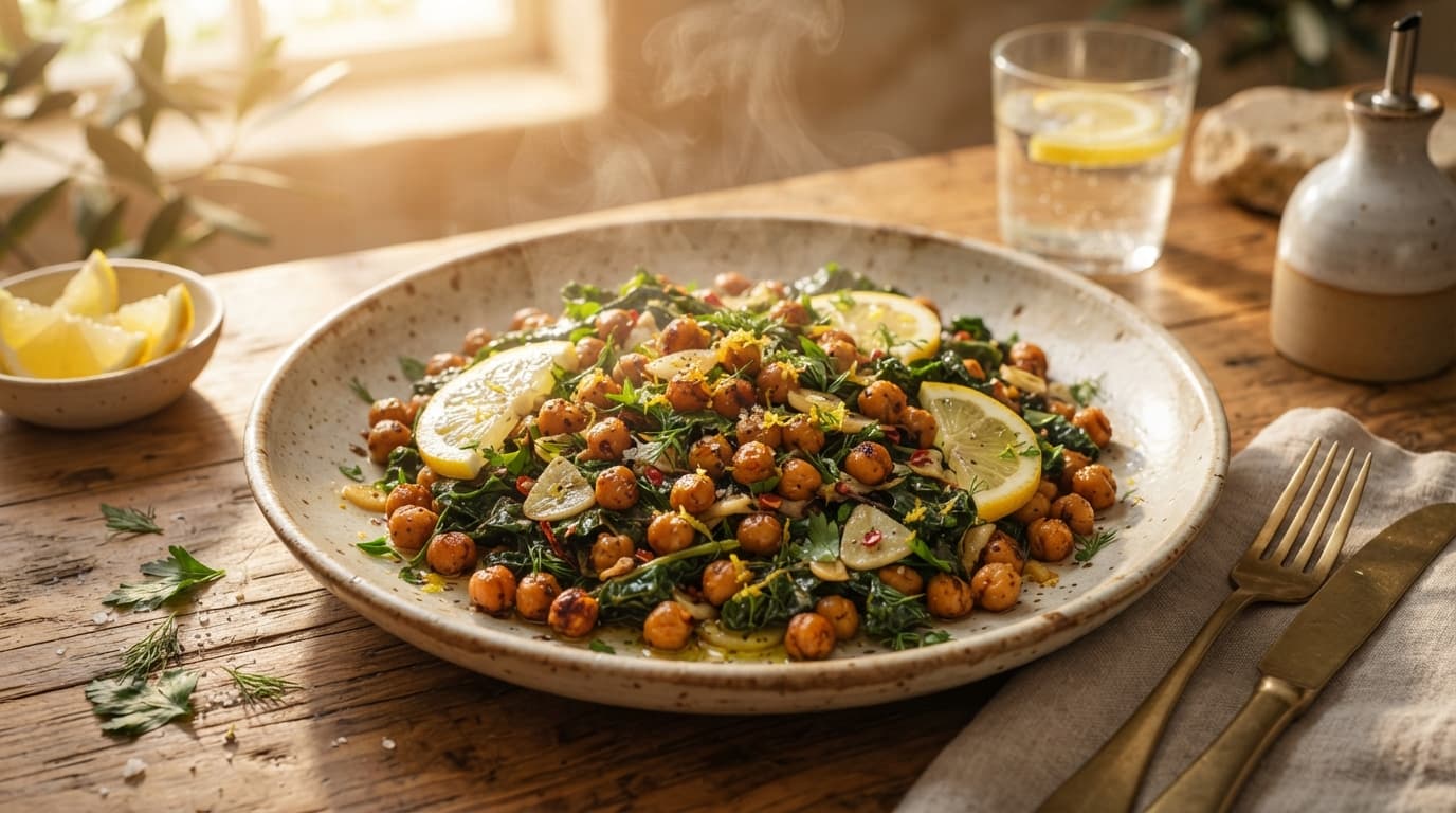 Pan-Seared Chickpeas with Garlicky Greens and Lemon