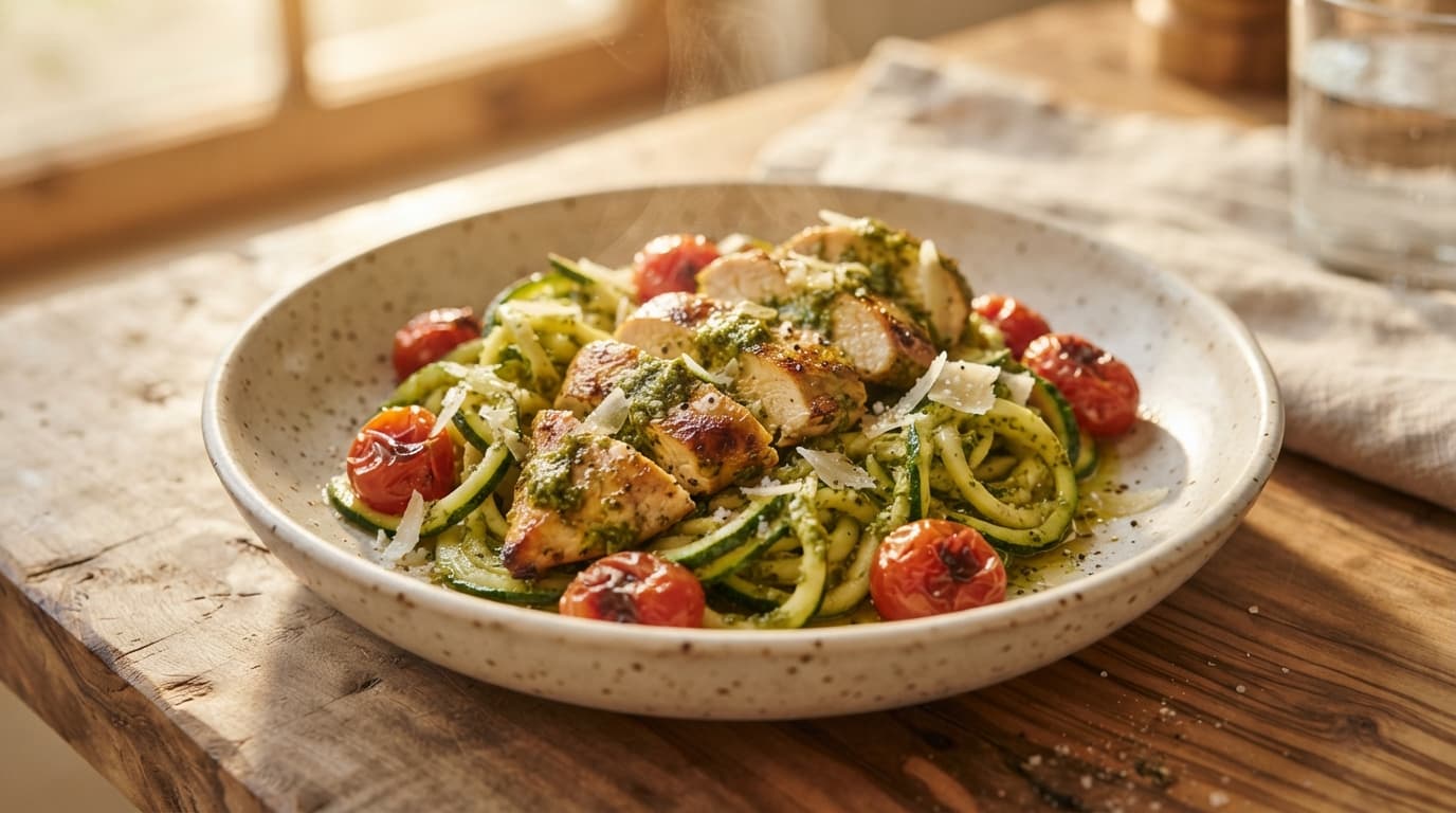 Pan-Seared Pesto Chicken with Zucchini Noodles