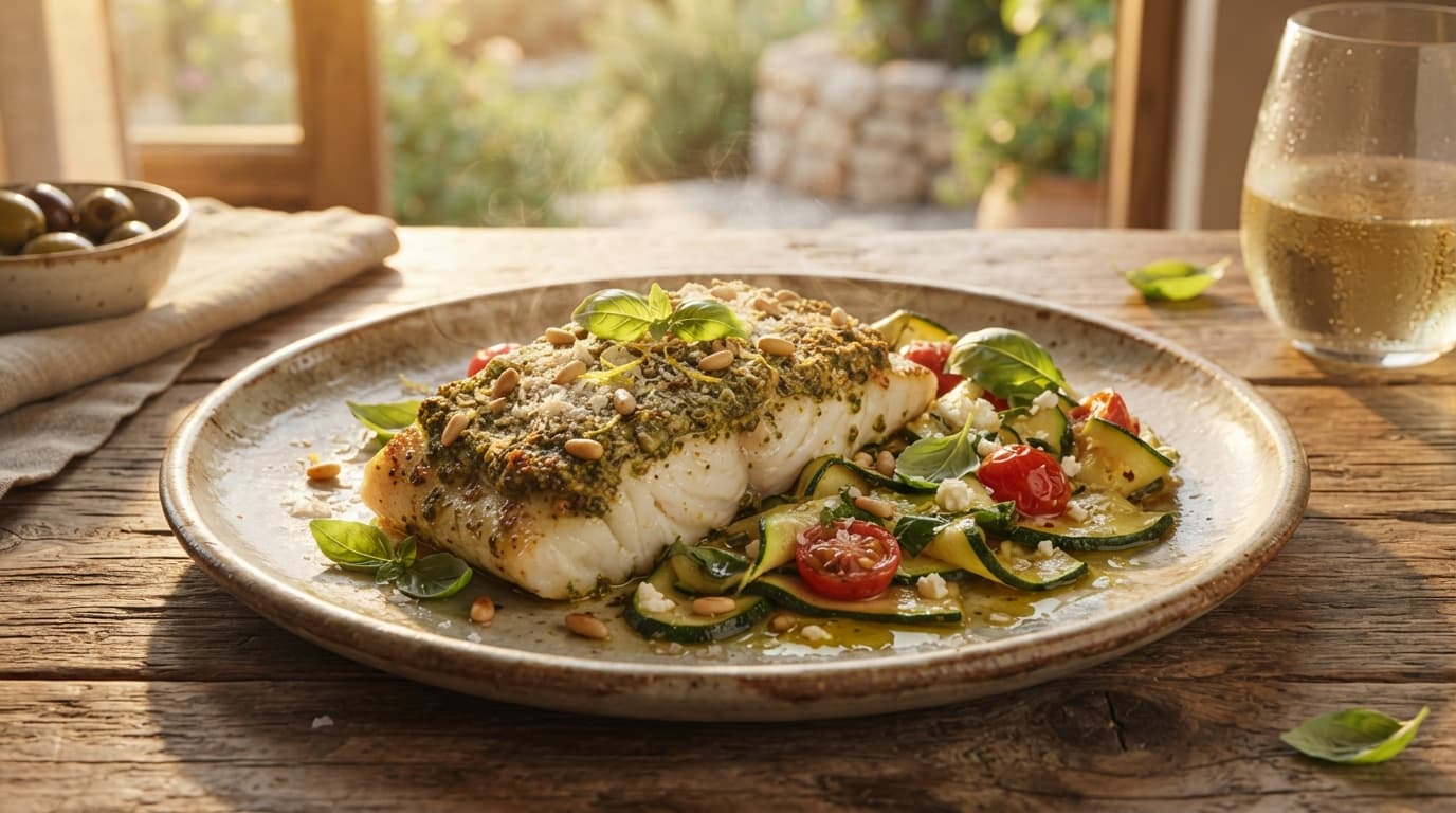 Pesto-Crusted Baked Cod with Zucchini Ribbons