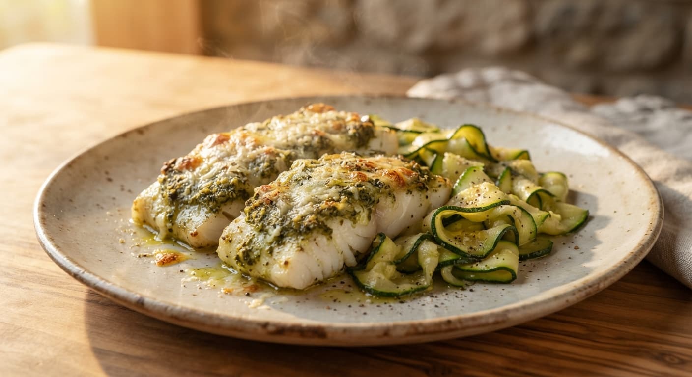 Pesto-Crusted Baked Cod with Zucchini Ribbons