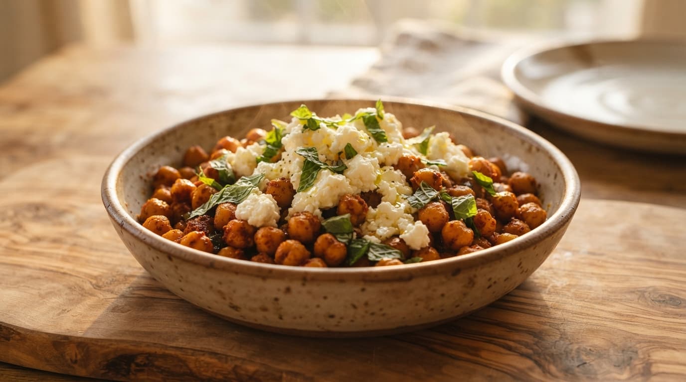 Roasted Harissa Chickpeas with Feta and Herbs